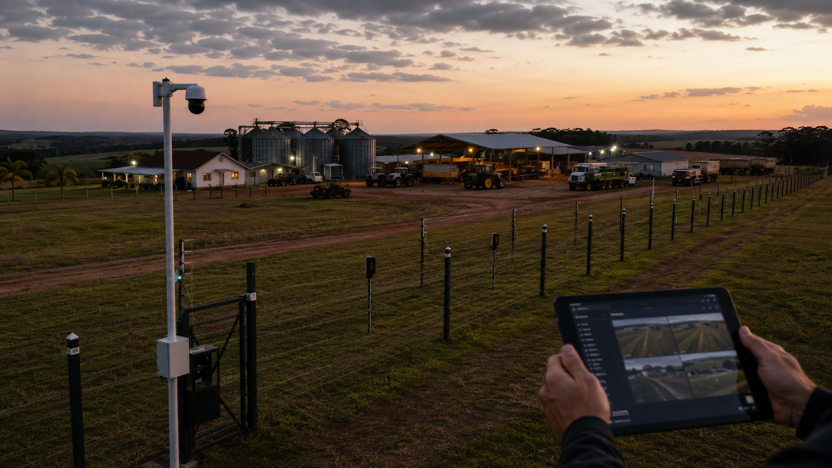 Propriedade rural monitorada pela QTI ao entardecer — câmera em poste no perímetro cercado, silos e maquinário ao fundo, operador acompanhando pelo tablet