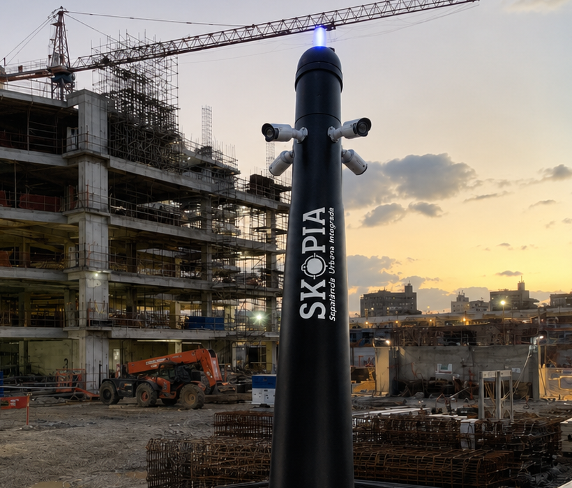 Torre SKOPIA monitorando canteiro de obras ao entardecer — câmeras e nome SKOPIA no totem, prédio em construção com guindaste ao fundo