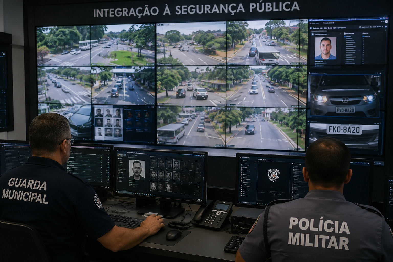 Central integrada à segurança pública — Guarda Municipal e Polícia Militar monitorando câmeras de cidade com LPR e reconhecimento facial