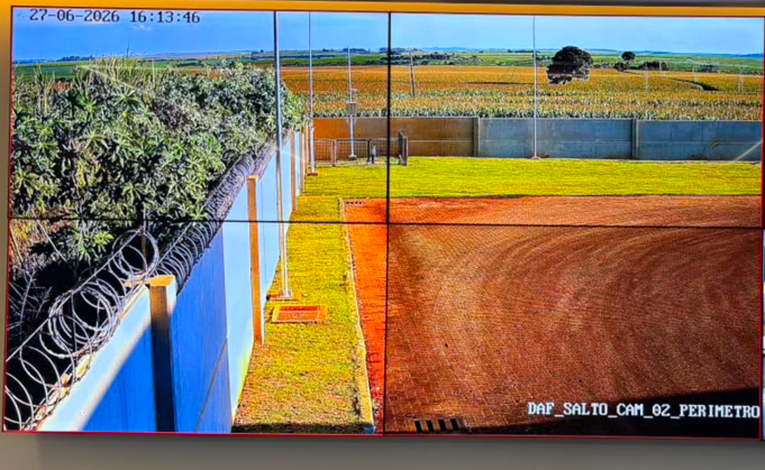 Painel de monitoramento QTI exibindo câmeras de perímetro — cerca com concertina e linha limite