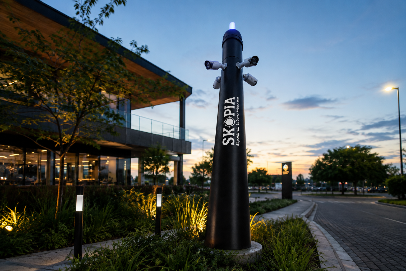 Totem SKOPIA instalado ao entardecer