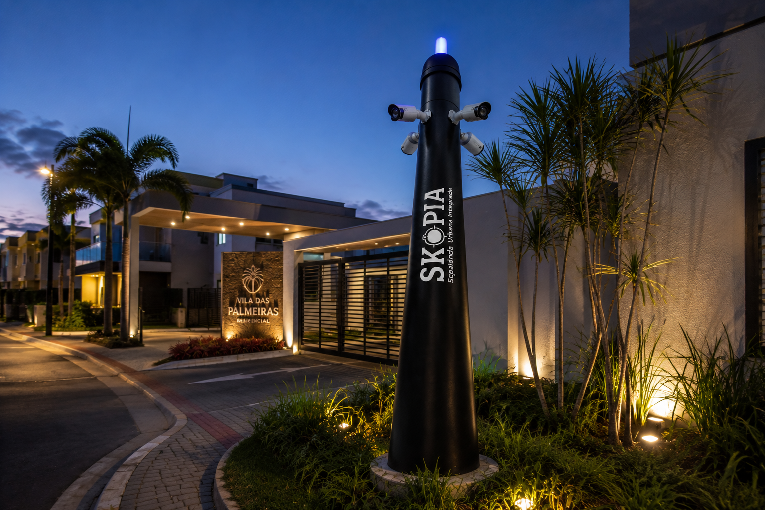 Totem SKOPIA na entrada de condomínio residencial ao entardecer