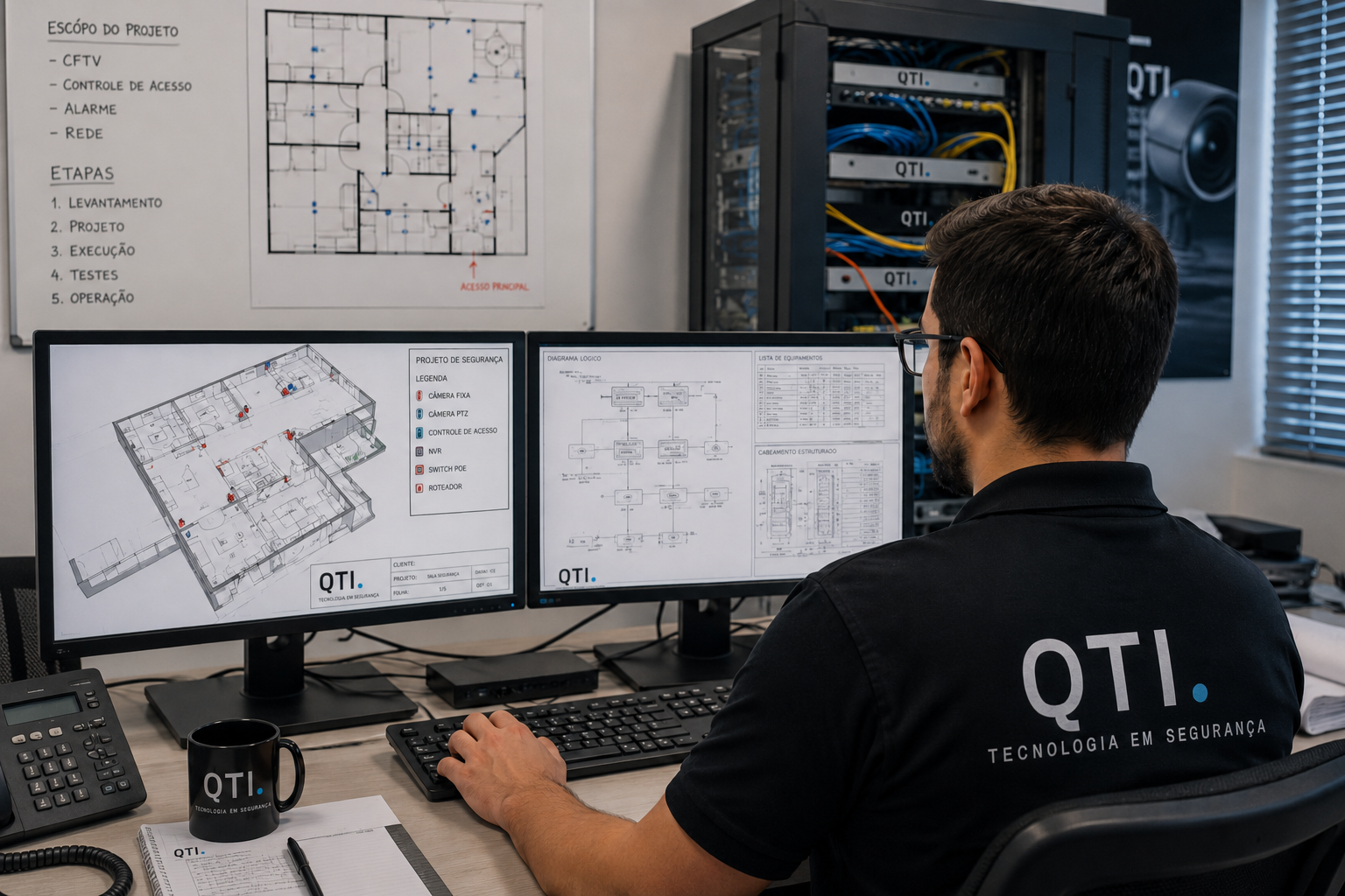 Engenheiro da QTI elaborando projeto de tecnologia de segurança — planta com câmeras, diagrama lógico, lista de equipamentos e rack de rede ao fundo