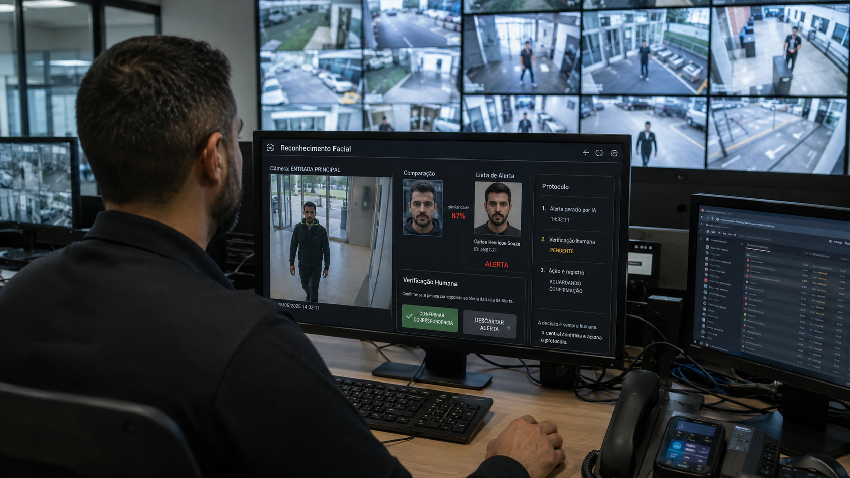 Operador da central QTI verificando um alerta de reconhecimento facial — comparação de imagem, lista de alerta e protocolo de verificação humana na tela