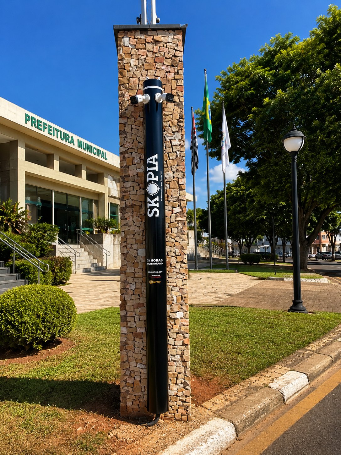 Totem de monitoramento SKOPIA instalado em frente à Prefeitura Municipal