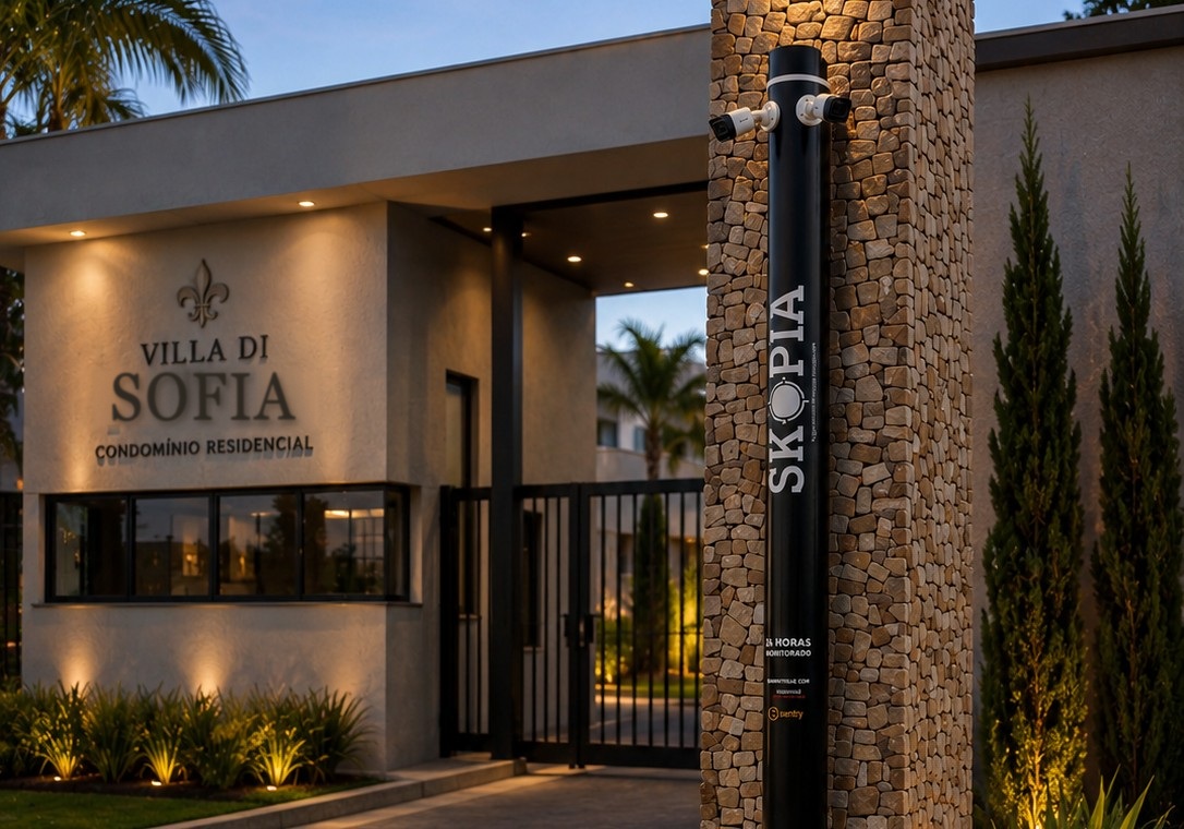 Totem de monitoramento SKOPIA com câmeras na entrada de condomínio residencial